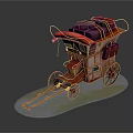 Vintage Red Carriage Loaded With Colorful Luggage And Decorative Wooden Wheels