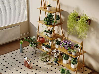 Home Balcony Design With Tiered Bamboo Shelf Potted Plants Hanging Greenery And Checkered Rug 3d model