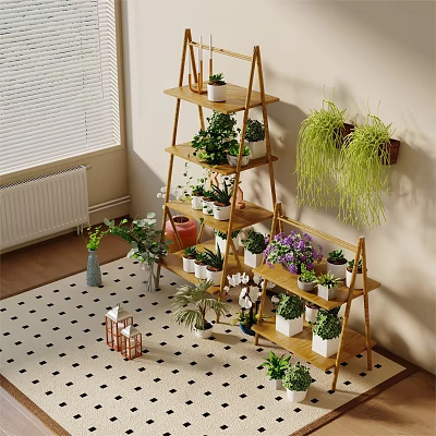 Home Balcony Design With Tiered Bamboo Shelf Potted Plants Hanging Greenery And Checkered Rug 3d model