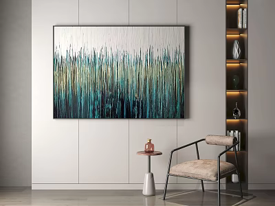 Abstract Blue Green Vertical Line Painting In Modern Living Room With Chair And Shelf 3d model