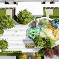 Residential Landscape With Paved Walkway Lush Greenery People Walking And Children's Playground Area