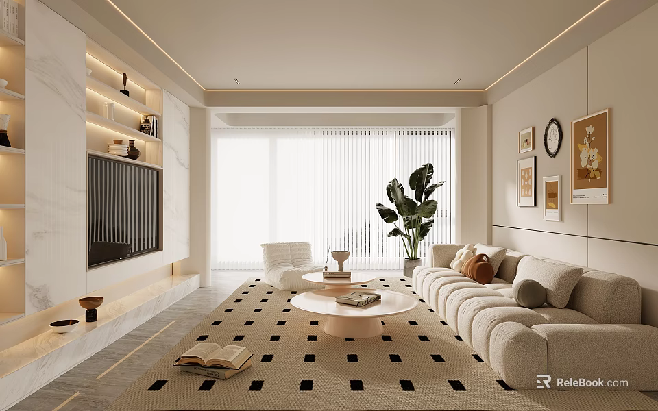 Modern Living Room Interior With Sofa Coffee Table TV Plant Rug And Wall Art 3d model 