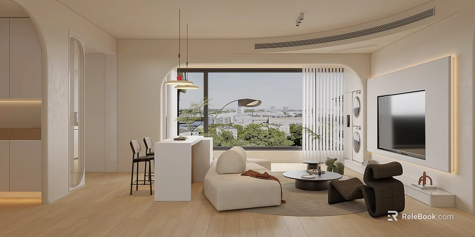 Modern Living and Dining Room Interior With Sofa Coffee Table Bar Counter And City View 3d model 