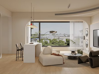 Modern Living and Dining Room Interior With Sofa Coffee Table Bar Counter And City View 3d model