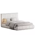 Modern Double Bed With Upholstered Headboard Cozy Bedding Gray White Design And Wooden Frame