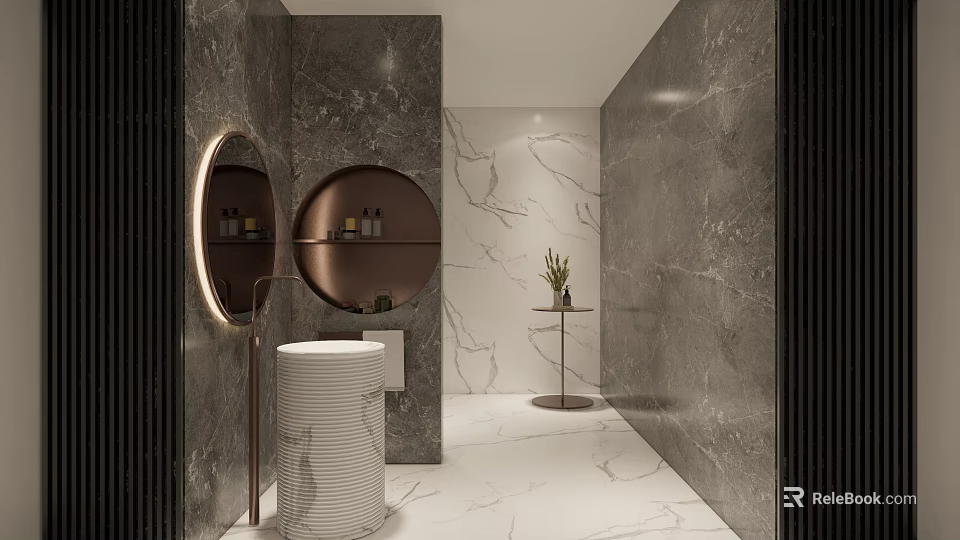 Modern Bathroom Interior With Gray Marble Walls Round Mirror White Basin And Green Plant 3d model 