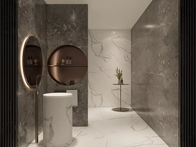 Modern Bathroom Interior With Gray Marble Walls Round Mirror White Basin And Green Plant 3d model