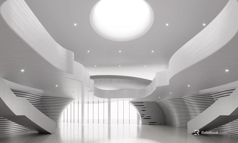 Modern Minimalist Interior With Circular Skylight Curved Stairs And Large Windows 3d model 