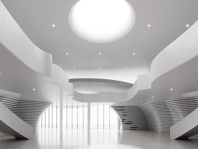 Modern Minimalist Interior With Circular Skylight Curved Stairs And Large Windows 3d model