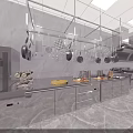 Modern Commercial Kitchen With Stainless Steel Countertops Hanging Pots Cabinets And Oven