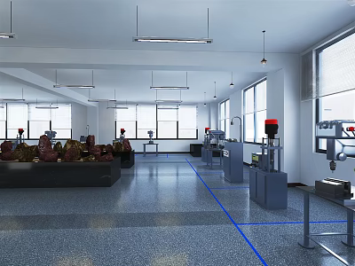 Spacious Laboratory Interior With Advanced Equipment Workbenches Windows And Blue Floor Markings 3d model