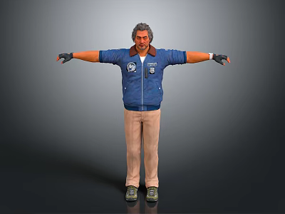 Man With Arms Outstretched Wearing Blue Jacket Beige Pants And Black Gloves 3d model