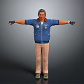 Man With Arms Outstretched Wearing Blue Jacket Beige Pants And Black Gloves