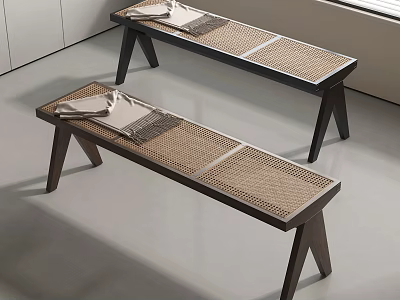 Two Minimalist Modern Bed Benches With Wooden Legs And Woven Seat Surfaces 3d model
