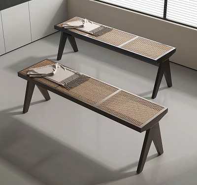 Two Minimalist Modern Bed Benches With Wooden Legs And Woven Seat Surfaces 3d model