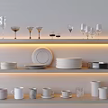 Cups Plates and Wine Glasses on Illuminated Kitchen Shelf 3d model