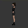 Woman Wearing Black Dress With Cutout Design And Long Sleeves Standing Against Gray Background