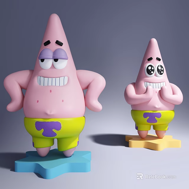 Pink Cartoon Dolls With Yellow Shorts Purple Symbols On Blue And Yellow Star Bases 3d model 