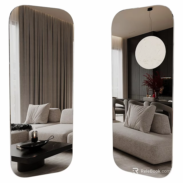 Decorative Mirror In Modern Living Room With Gray Sofa Curtains And Round Pendant Light 3d model 