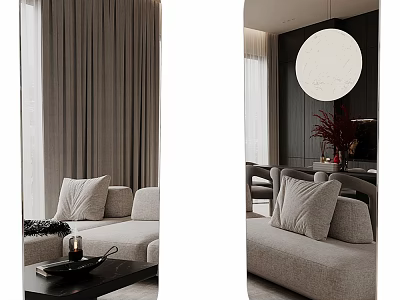 Decorative Mirror In Modern Living Room With Gray Sofa Curtains And Round Pendant Light 3d model