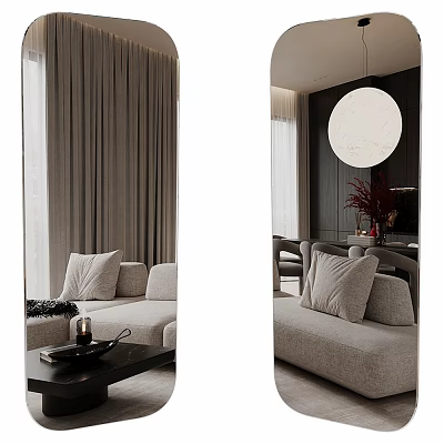 Decorative Mirror In Modern Living Room With Gray Sofa Curtains And Round Pendant Light 3d model