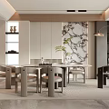 Modern Restaurant Interior With Dining Table Chairs Marble Accent Wall And Floor Lamp