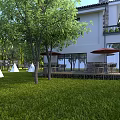 Detached Villa With White Exterior Stone Chimney Large Windows Lush Lawn And Outdoor Deck