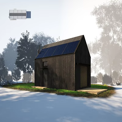 Scenic Villa Balcony With Black Wooden Structure Solar Panels And Green Tree Surroundings 3d model