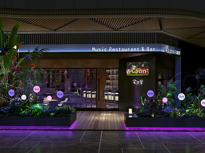 Music Restaurant Bar Storefront with Green Plants Purple Lighting Glass Doors 2024 Signage 3d model