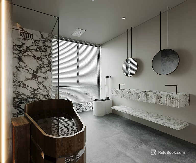 Luxurious Modern Bathroom with Marble Vanity Double Round Mirrors and Wooden Bathtub 3d model 