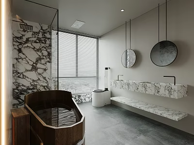 Luxurious Modern Bathroom with Marble Vanity Double Round Mirrors and Wooden Bathtub 3d model