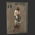 Mutant Character Warrior in Traditional Outfit with Scimitar and Creature Silhouettes