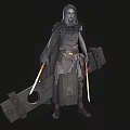 Cloaked Woman In Feathered Cape Carrying Large Wooden Structure And Glowing Blades