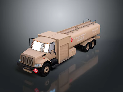 Beige Fuel Tanker Truck With Cab Hazard Sign And Reflective Surface 3d model
