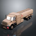 Beige Fuel Tanker Truck With Cab Hazard Sign And Reflective Surface