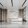 Modern Reception Desk Interior Design With Marble Wall And Wooden Counter