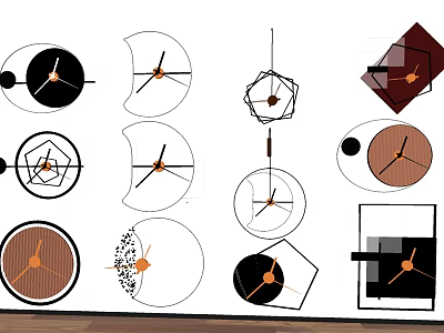 Modern Geometric Wall Clocks With Wooden And Black White Design Elements 3d model