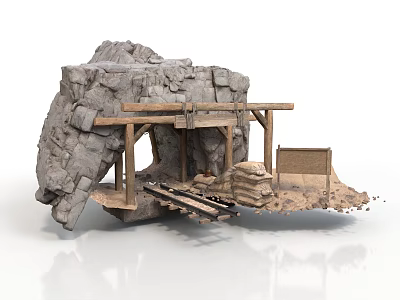 Modern Rock Structure Scene With Detailed Wooden Support Beams Platform Stone Blocks And Tracks 3d model