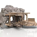Modern Rock Structure Scene With Detailed Wooden Support Beams Platform Stone Blocks And Tracks