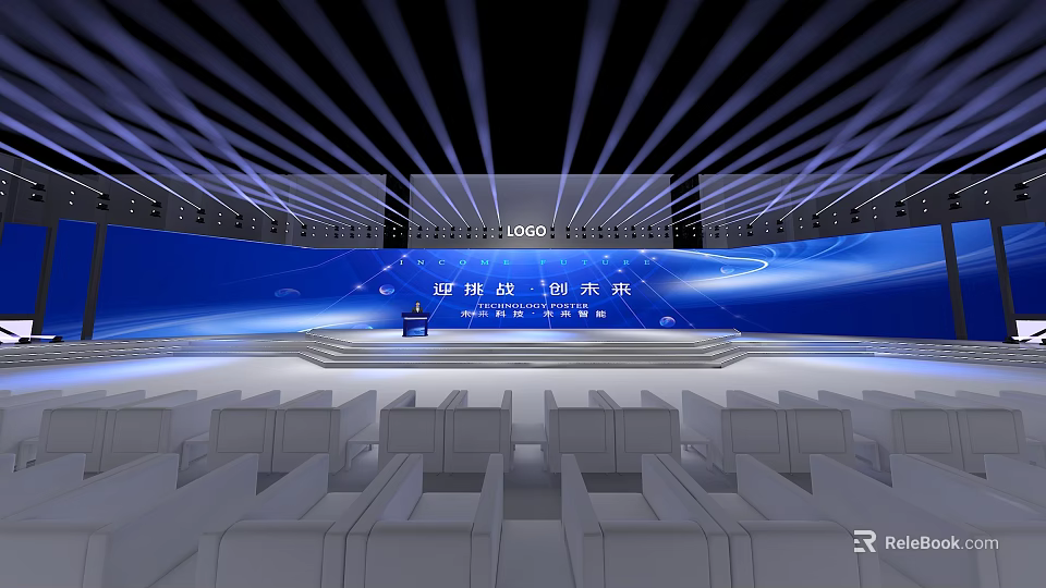 Modern Conference Stage With Large Blue Screen Asia Dragon Pajero Logo And Seats 3d model 