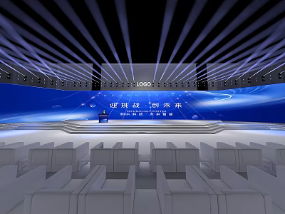 Modern Conference Stage With Large Blue Screen Asia Dragon Pajero Logo And Seats 3d model