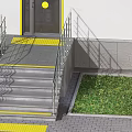 Accessible Building Entrance With Wheelchair Ramp Stairs Handrails And Sign
