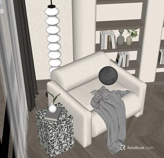Cozy White Single Sofa Interior With Plaid Blanket Black Round Cushion And Side Table 3d model 
