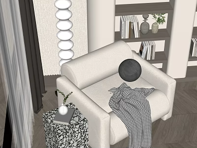Cozy White Single Sofa Interior With Plaid Blanket Black Round Cushion And Side Table 3d model