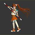 Game Movie Character With Red Hair Twin Ponytails Orange White Outfit Holding Long Staff Weapon