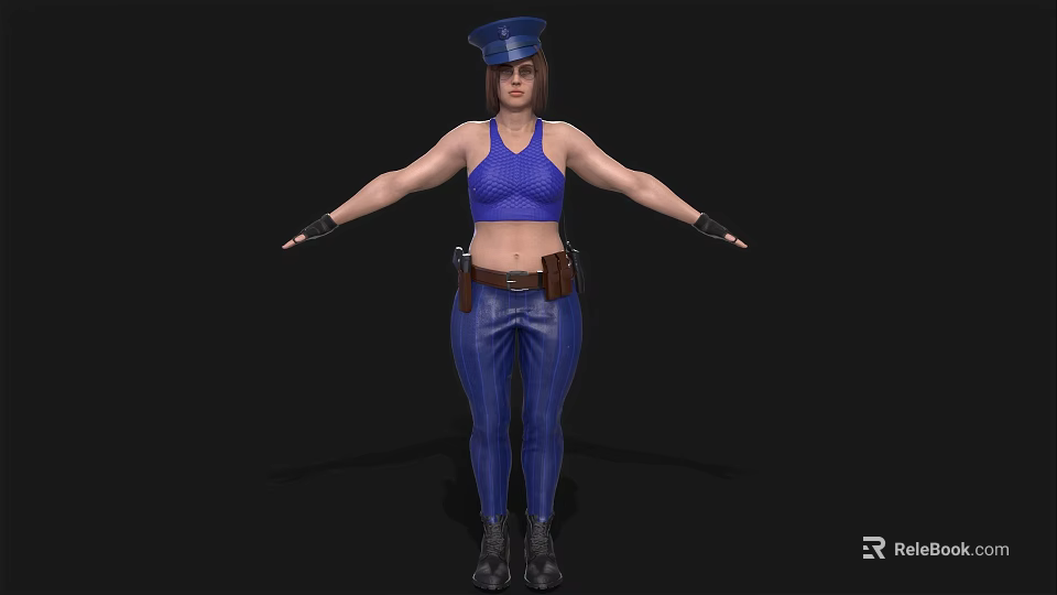 Woman Wearing Blue Police Hat Crop Top Tight Pants With Brown Belt Gloves Black Boots 3d model 