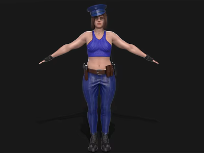 Woman Wearing Blue Police Hat Crop Top Tight Pants With Brown Belt Gloves Black Boots 3d model