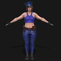 Woman Wearing Blue Police Hat Crop Top Tight Pants With Brown Belt Gloves Black Boots