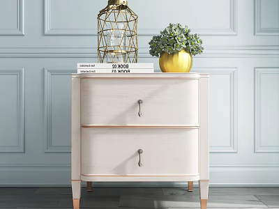 Light Wood Bedside Table With Two Drawers Metal Handles Books Gold Lantern And Potted Plant 3d model