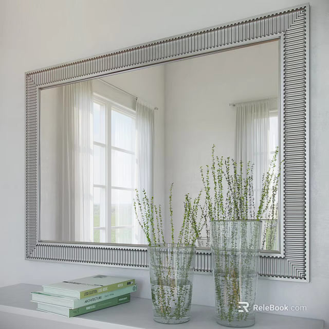Silver Framed Wall Mirror Reflecting Window And Curtains With Glass Vases 3d model 